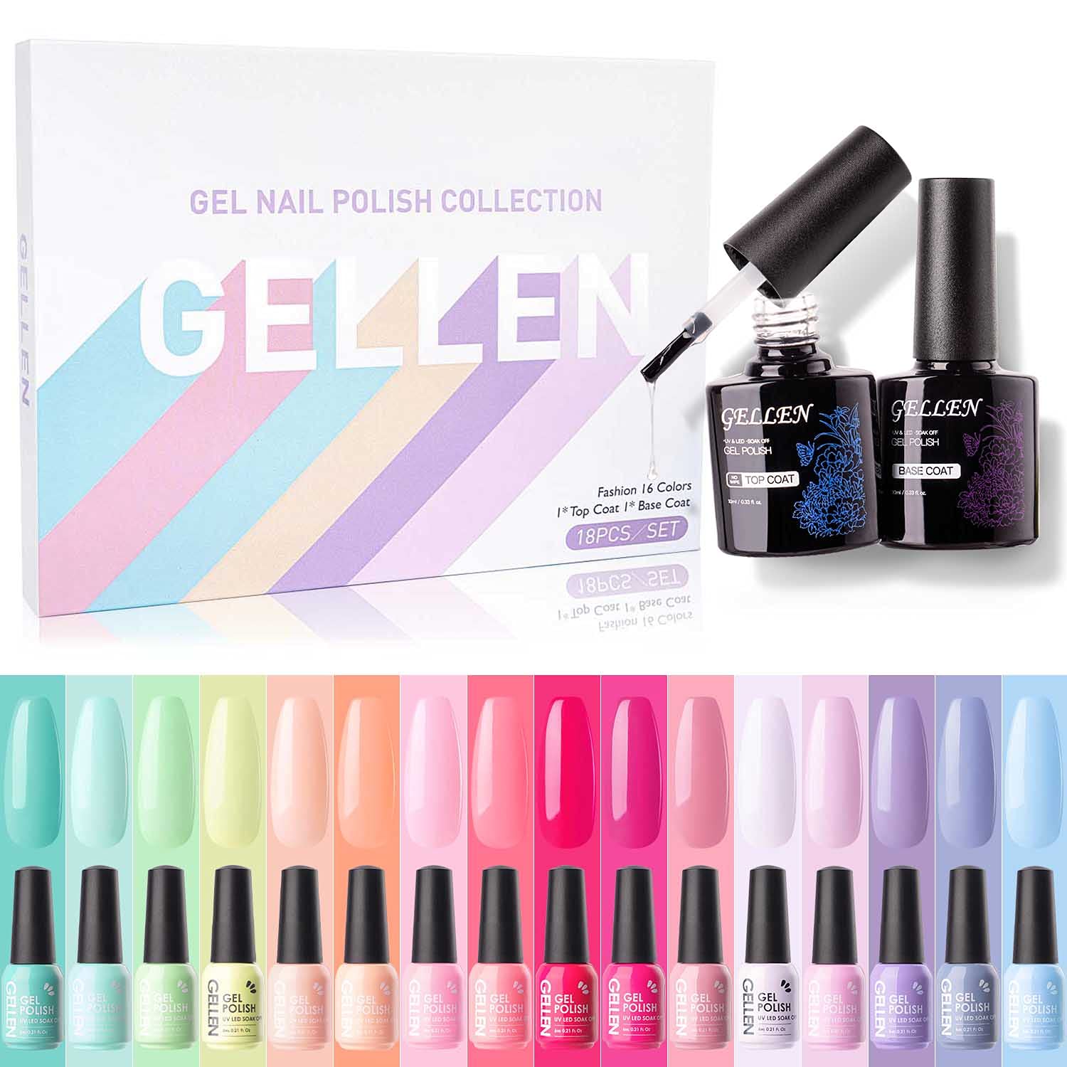 Gellen 16 Colors Gel Nail Polish Kit, With Top&Base Coats Happy Rainbow Collection Vibrant Bright Neon Tones- Trendy Spring Summer Nail Art Design Gel Polish Colors Home/Salon Manicure Set