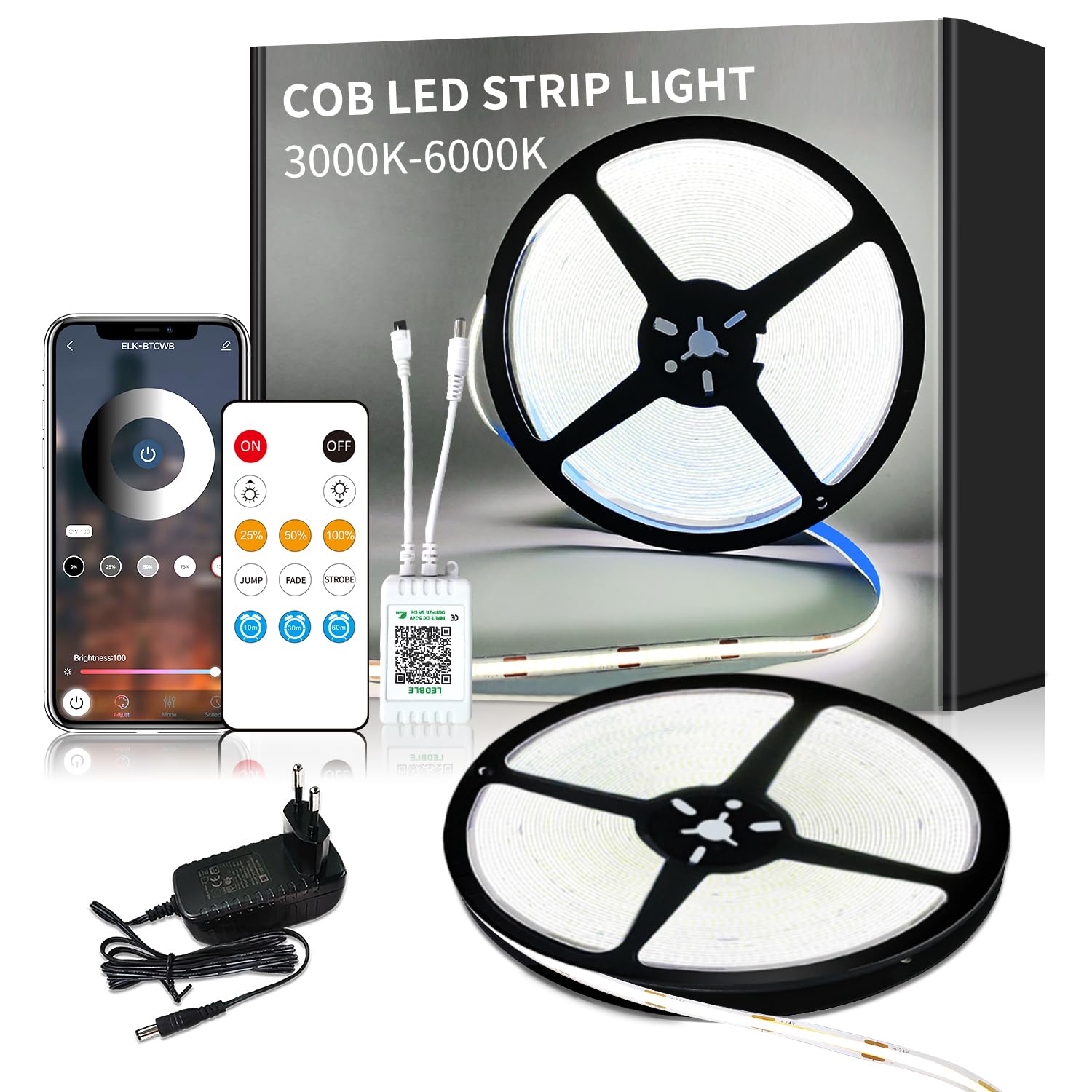 Yeewhale cob Led strip 10m,APP Steuerung,mit Fernbedienung,flexible Dimmbar cob LED Streifen, DC24V 6000k Weiß LED band, anwendbar auf Schlafzimmer, Raum,DIY Dekoration