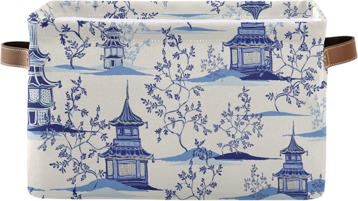 susiyo Large Closet Storage Bin Pagodas Chinoiserie Fabric Storage Baskets Collapsible Decorative Baskets Organizing Basket Bin with PU Handles for Shelves Home Closet Bedroom Living Room-2Pack