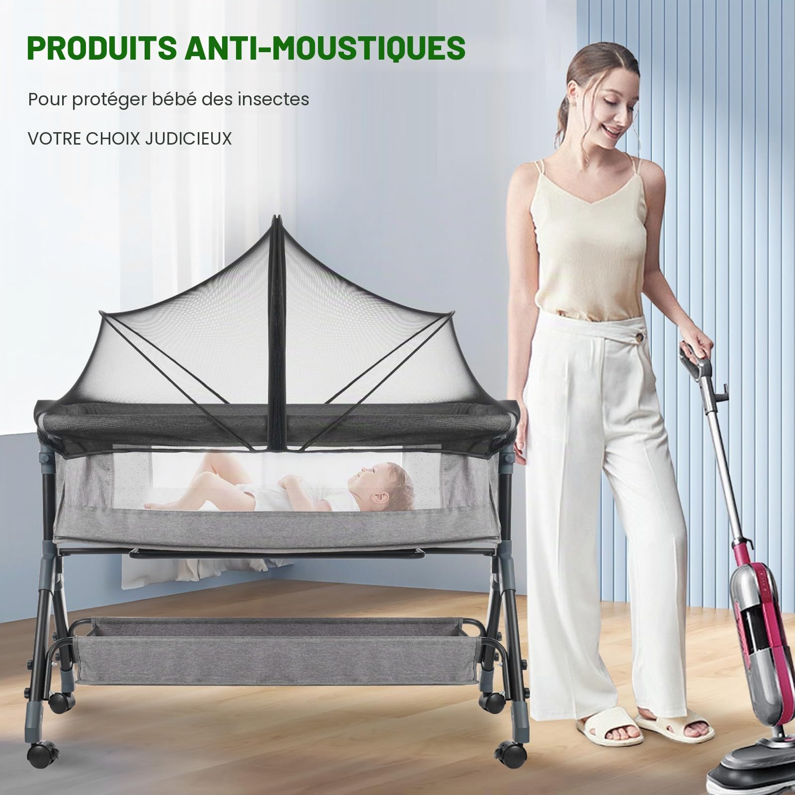 Moustiquaire universelle pour lit de voyage, pour lit d'enfant, avec fermeture éclair silencieuse pour lit, accès facile, installation rapide, filet anti-insectes à mailles fines