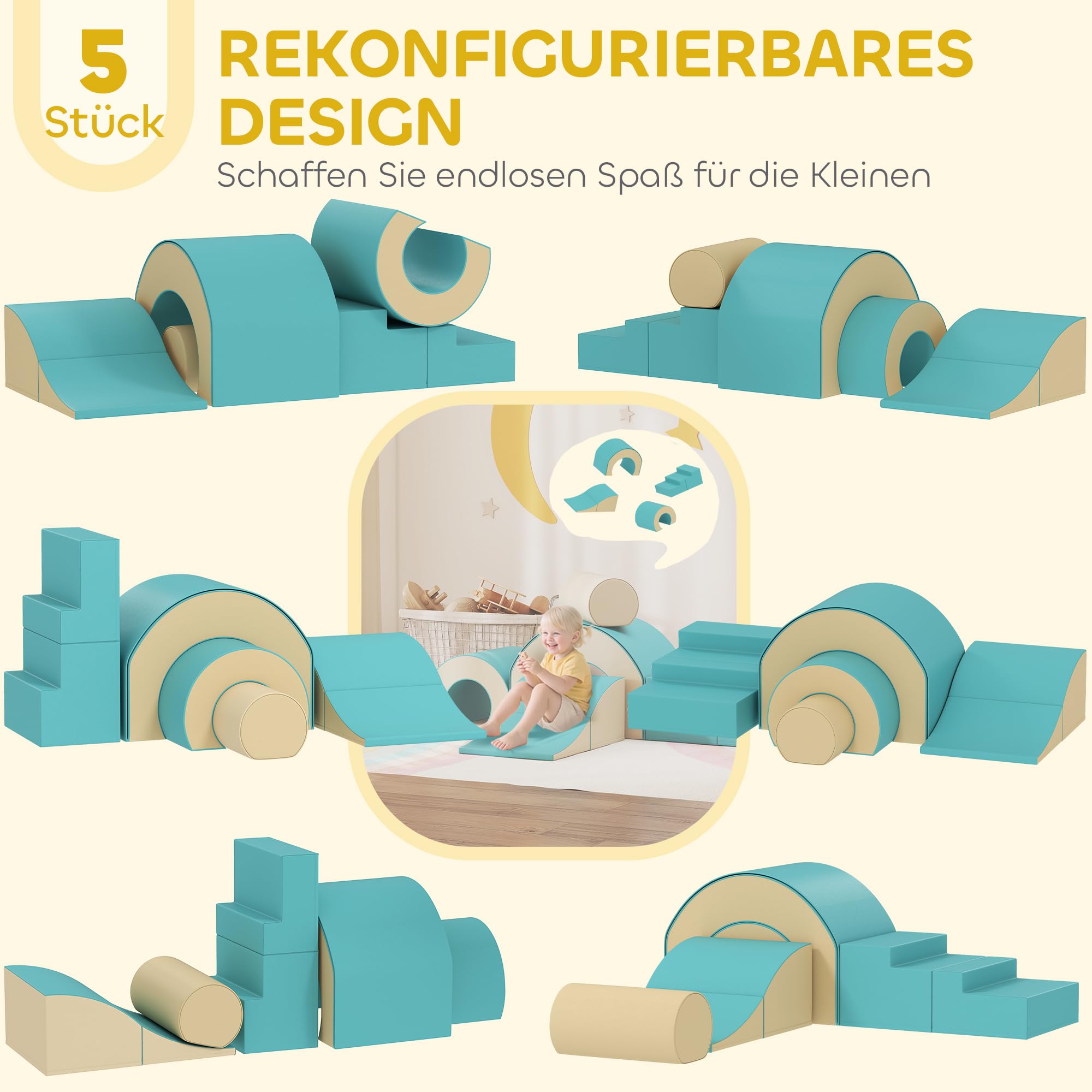 AIYAPLAY Schaumstoff Bausteine Kinder 5 TLG. Klettern Softbausteine Riesenbausteine Großbausteine Bauklötze Bausteinset Kunstleder Sand+Grün
