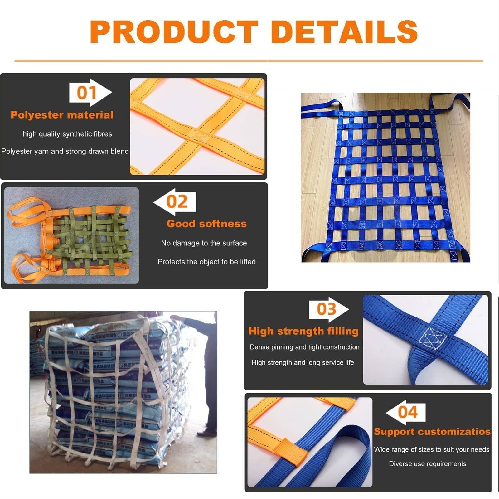 Hebenetz Für Hängende Ladung - Flaches Polyester-Sling-Hängenetz, Robuste Gurte Für Materialtransport, Für Baustellen-Rigging Mobile Traktionsarbeitsgeräte, Orange ( Size : 1.5 X 1.5M/Mesh 10cm/Load 1