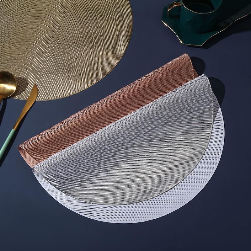 Miniatura 8 de FAVE Juego de 4 manteles individuales redondos plateados de vinilo antideslizantes, manteles individuales lavables de vinilo con texturas huecas