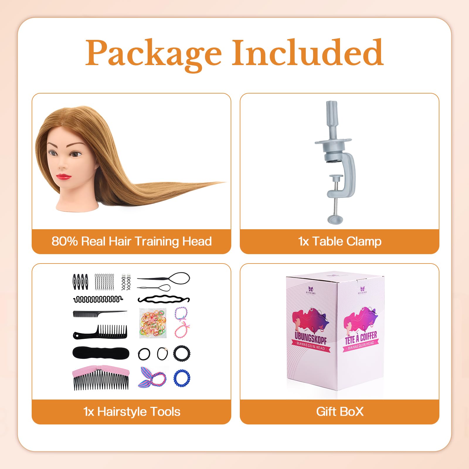 Neverland Frisierkopf 80% Echthaar 24 Zoll Friseurkopf mit Tischhalter und Haar Styling Braid Set