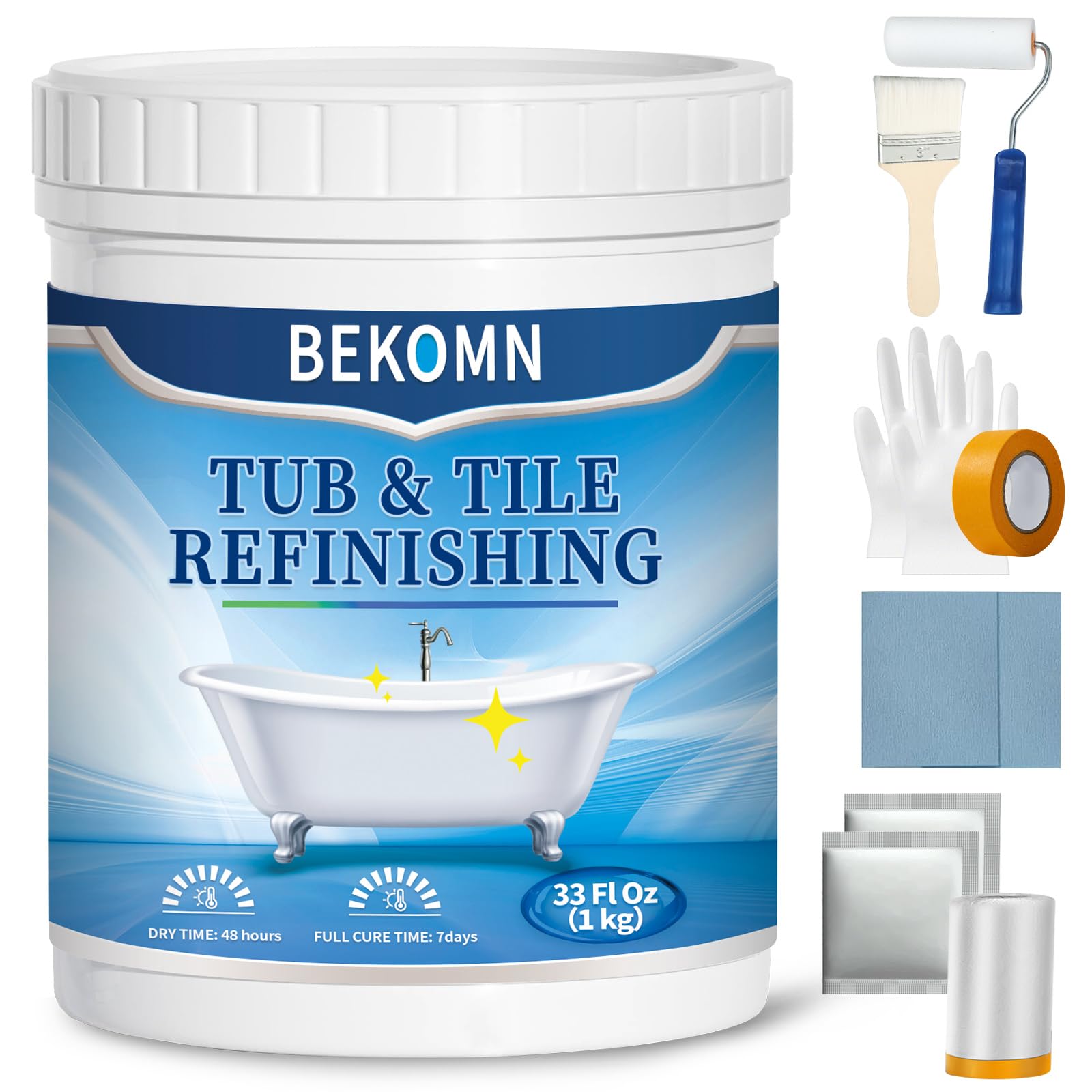 Tub Paint,Tub and Tile Refinishing Kit 33oz with Tools,Bathtub Paint White Water-based Low Odor,Easy to Use for Sink Kitchen Bathroom,Semi-Gloss,50-55sq.ft