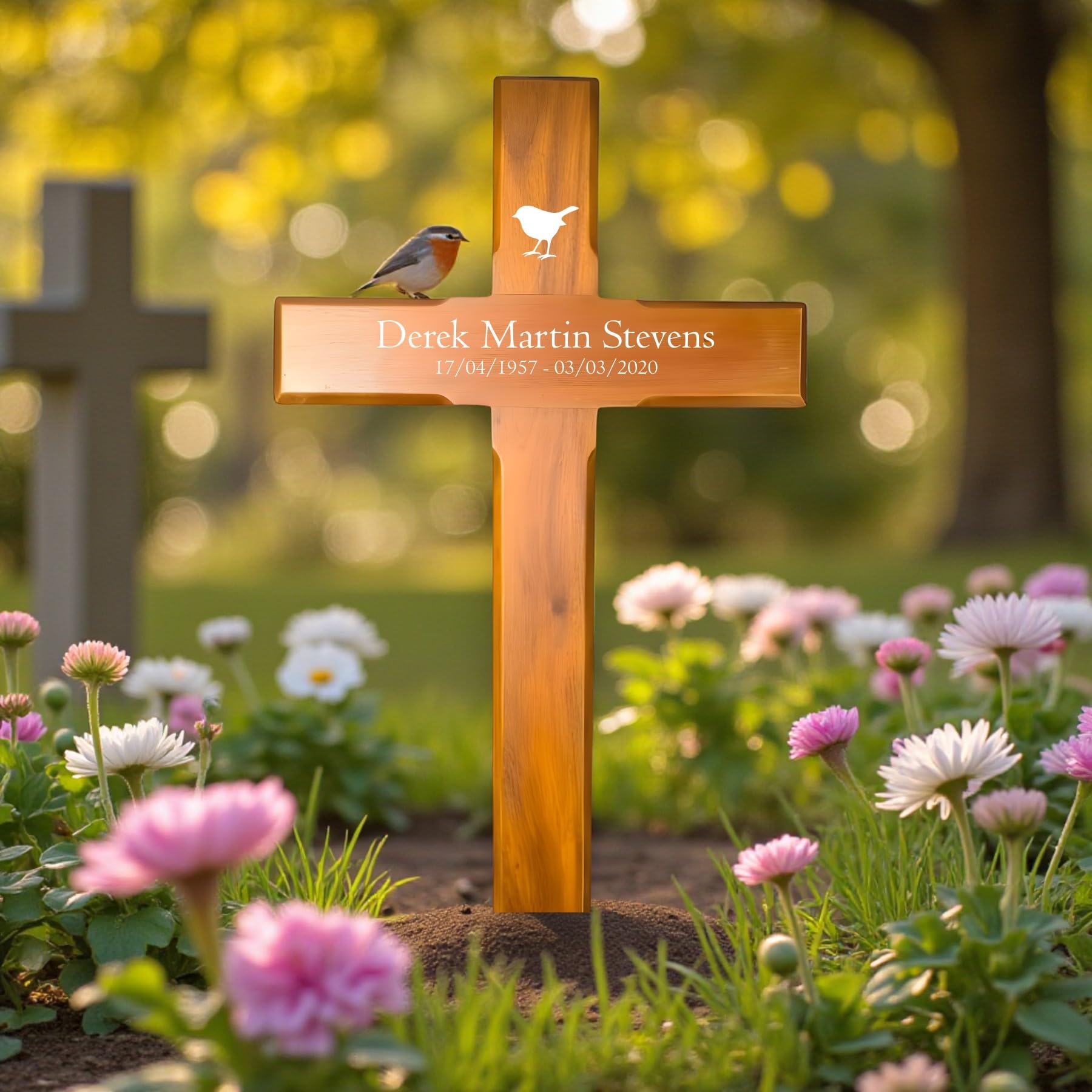 Rackhams Personalised Mahogany Memorial Cross, Robin – Durable Wooden Grave Marker For Outdoor Use