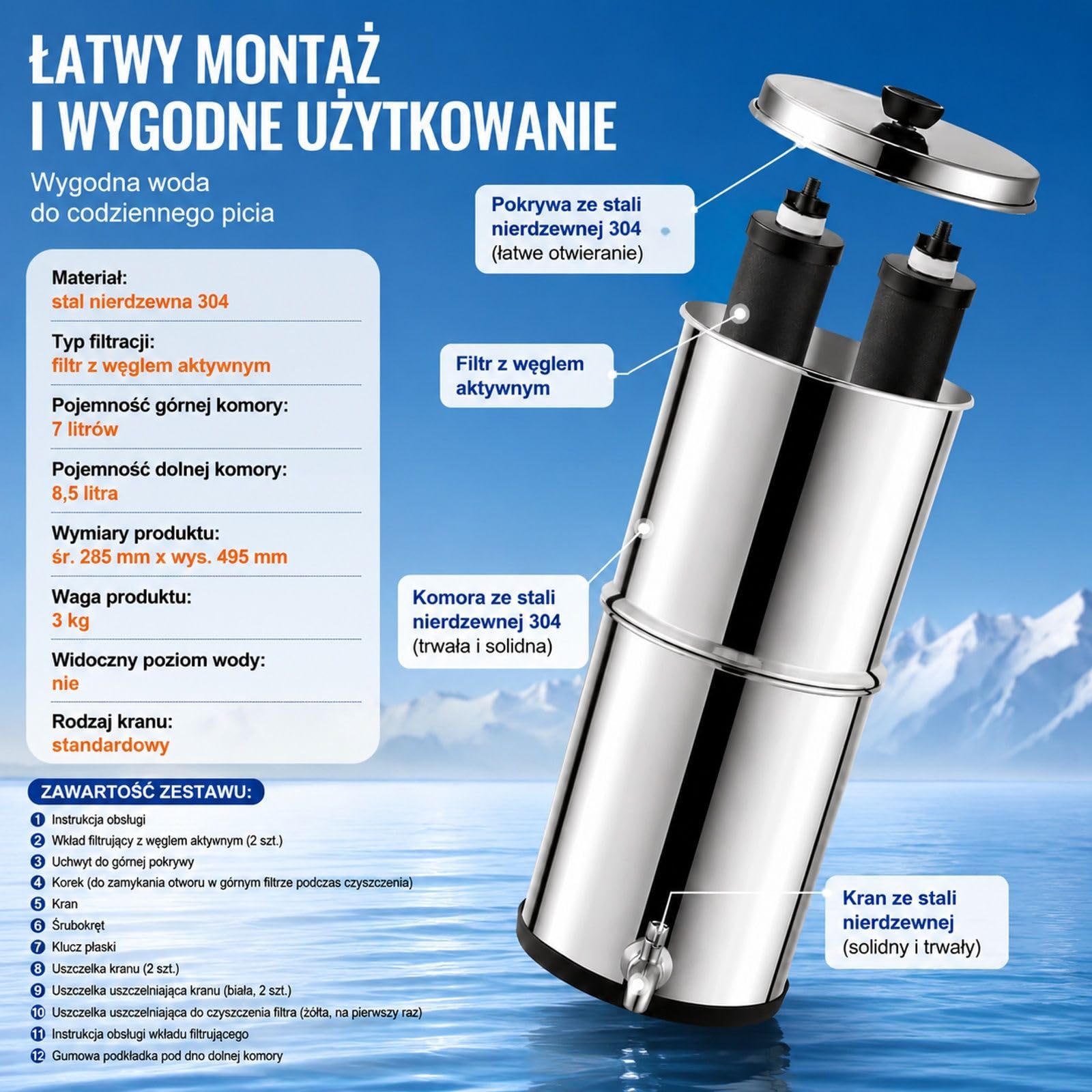 Grawitacyjny system filtracji wody, stal nierdzewna, model blatowy, górna komora 7 l, dolny zbiornik 8,5 l, 2 wkłady węglowe, kranik, kemping, kamper, dom