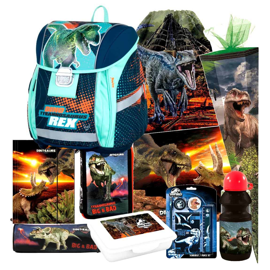 Dinosaurier Dino T-Rex 10 Teile Set Schulranzen Ranzen Tasche TORNISTER SCHULTÜTE 85 cm Federmappe mit Sticker-von-Kids4shop Schulrucksack