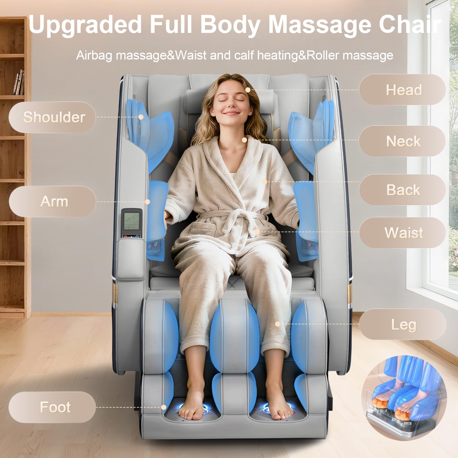 Massagesessel Ganzkörper 14 Massagepunkte 8 Airbags Lenden Beinheizung Bluetooth Lautsprecher Fußrollenmassage Elektrisch Homeoffice