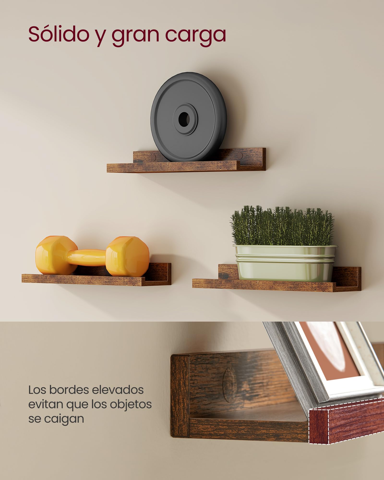 VASAGLE Custos Colección - Juego de 3 Estantes Murales, Estanterías de Pared de Madera para Marcos de Fotos y Libros, Estilo Moderno, para Baño, Cocina y Sala de Estar, Marrón Rústico LWS037X01