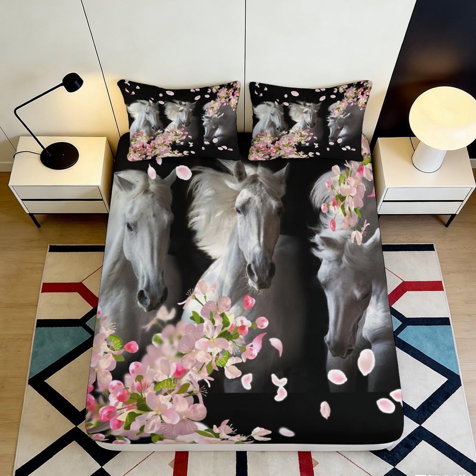 Uynsixtme Style-3 3D Printed Horse Blossom Fitted Sheet Microfiber Deep Pocket Non-Slip Horse Mattress Fitted Cover Full Wrap Washable Bedding 200X200x25cm