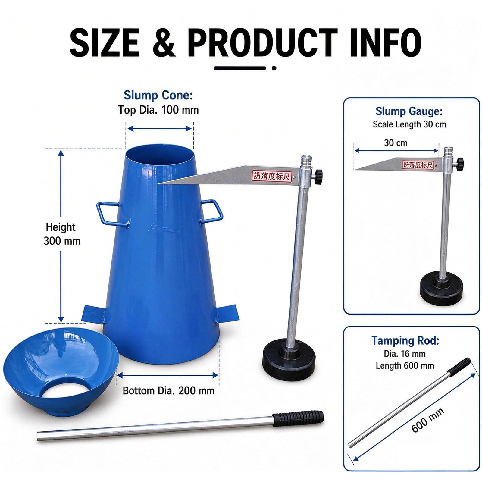 Set Industriale Per La Prova Di Consistenza Del Calcestruzzo Con Cono, Kit Per La Prova Di Consistenza Del Calcestruzzo Con Cono In Acciaio, Asta Di Compattazione, Righello Di Misurazione,