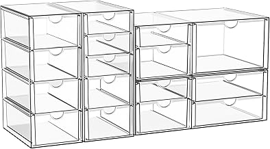 Set of 4 Cosmetic and Desk Organisers with 16 Drawers - Clear, Dustproof Storage for Cosmetics, Jewellery, Pens & Stationery