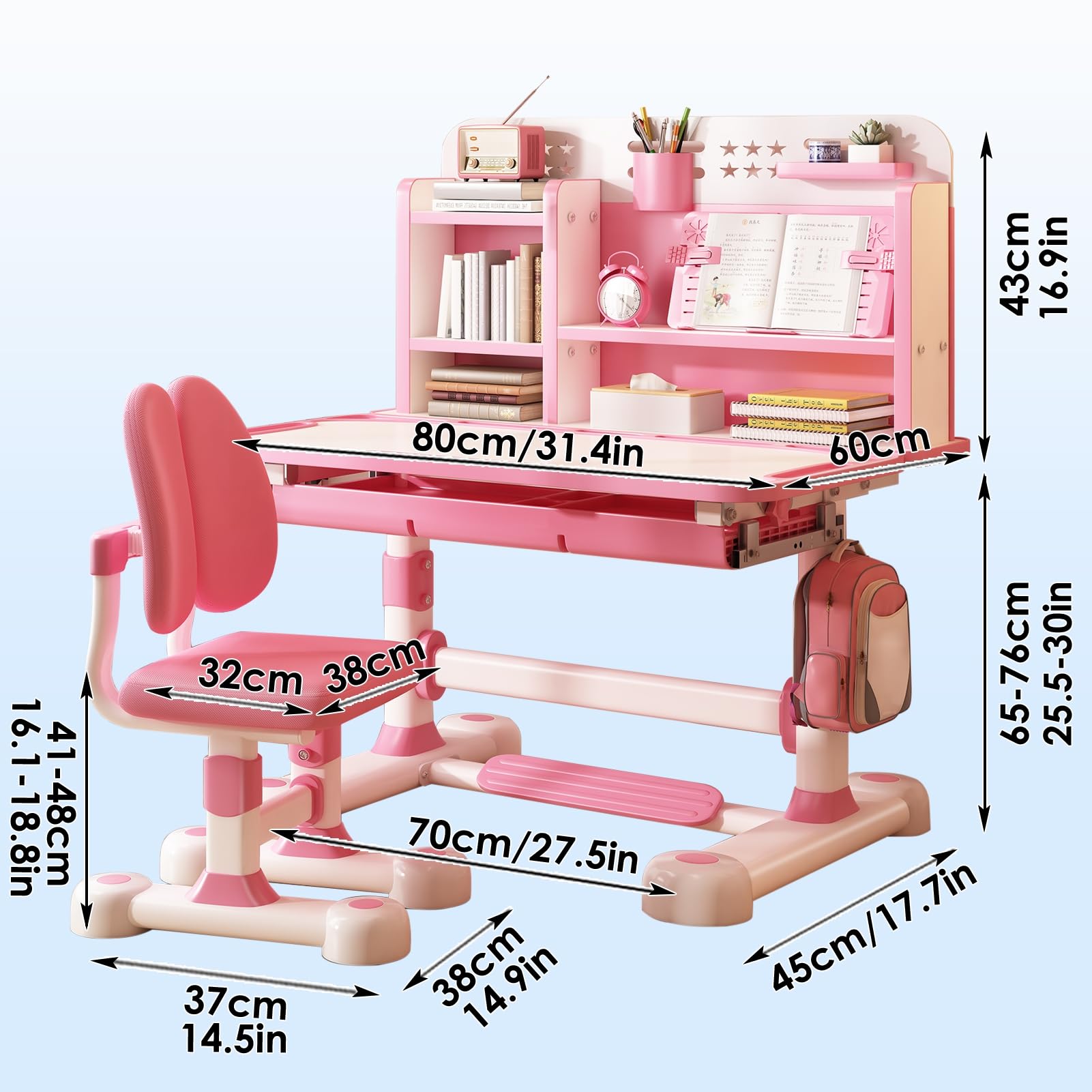 Set di scrivania e sedia per bambini, tavolo ergonomico regolabile in altezza con scrivania inclinabile, cassetto, design per prevenire la miopia, tavolo da scrittura per studenti con libreria,