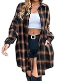 Women's Oversized Button Down Long Plaid Flannel Shirts Lapel Long Sleeve Check Jacket Shacket
