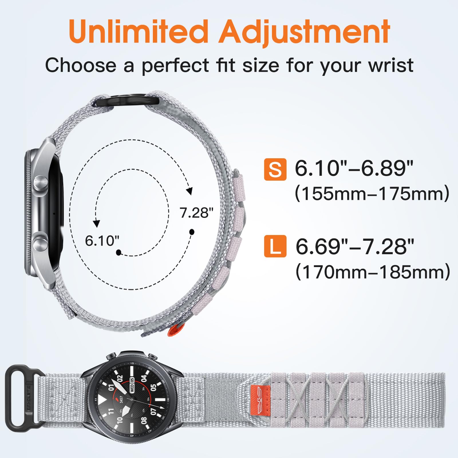 Bandletic 22mm Bracelet Compatible avec Samsung Galaxy Watch 3 45mm - Galaxy Watch 46mm/Gear S3 Frontier/Classic, Nylon Sport Bracelets pour Huawei GT4/GT3/GT2 46mm pour Hommes Femmes, S/Blanc Gris