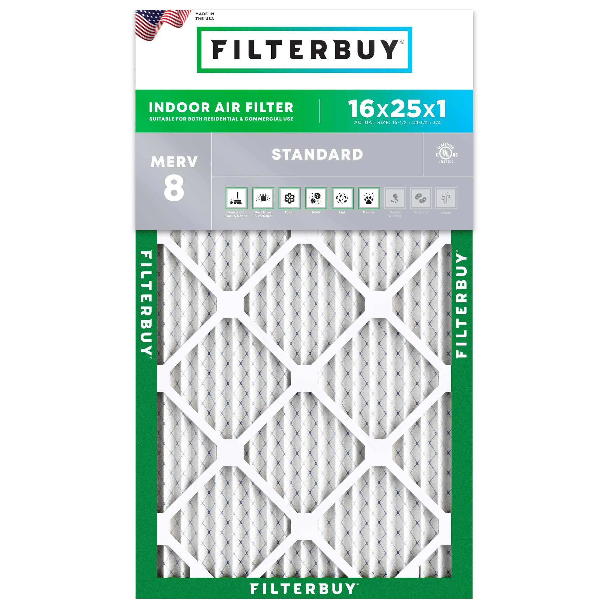 Filterbuy 16x25x1 Air Filter MERV 8 Dust Defense (1-Pack), Pleated HVAC AC Furnace Air Filters Replacement (Actual Size: 15.50 x 24.50 x 0.75 Inches)