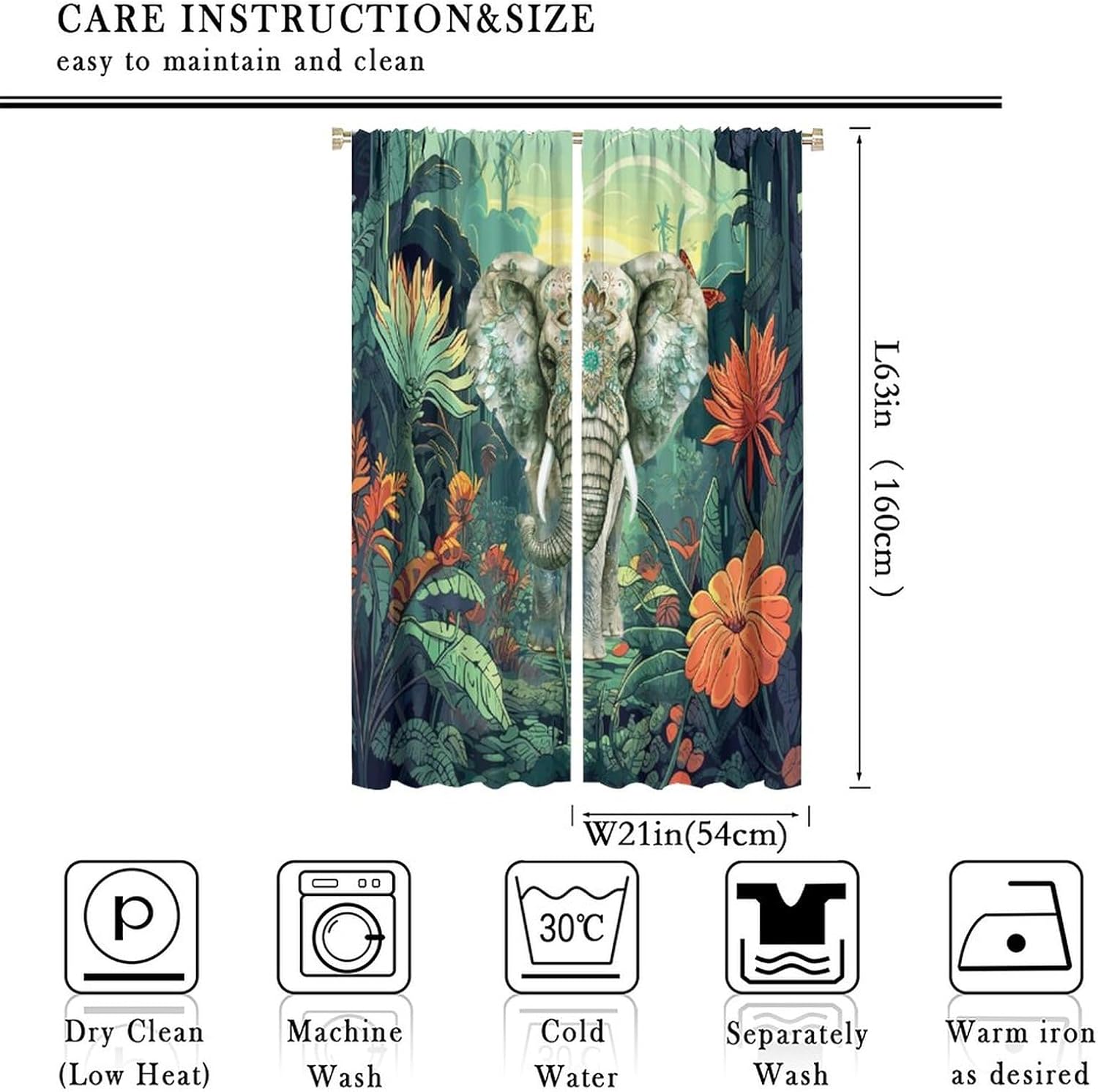 Watercolor Tropical Wildlife Elephant Curtains for Home Decor Rustic Boho Animals Summer Jungle Plants Florals Window Drapes for Bedroom Rod Pocket 2 Panels 63" L x 21" W