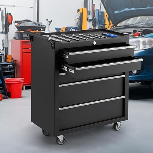 Miniatura 9 de Caja de herramientas con ruedas de 5 cajones, organizador de almacenamiento de herramientas con ruedas y sistema de cerradura, carrito de
