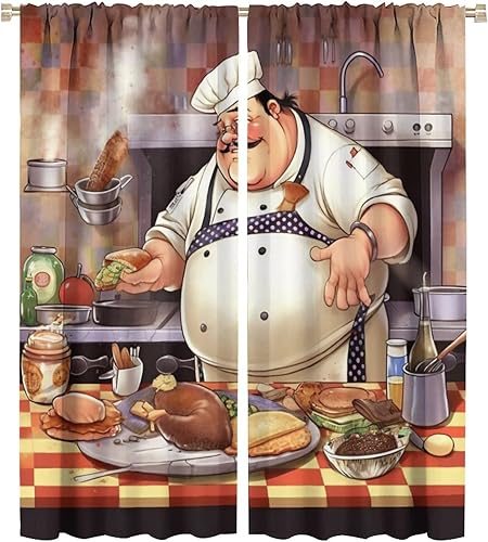 Miniatura 14 de Cortina de decoración de cocina de chef, retro gourmet de dibujos animados, chef gordo de cocina, patrón de comida gourmet, decoración del hogar,