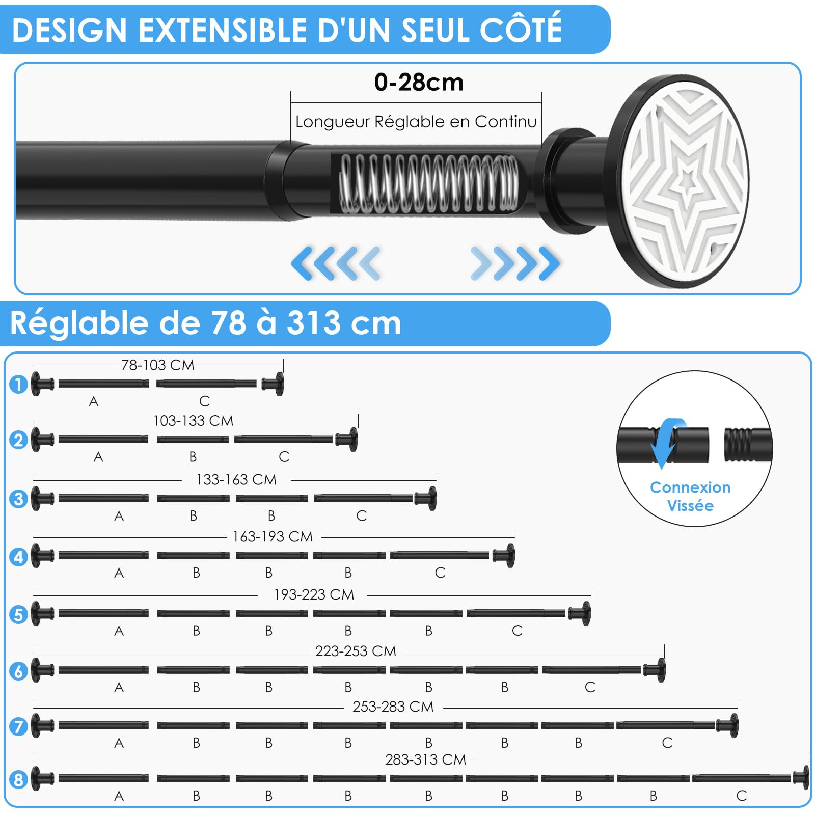 Tringle rideau sans perçage extensible noire, 28mm barre rideau 78-313cm