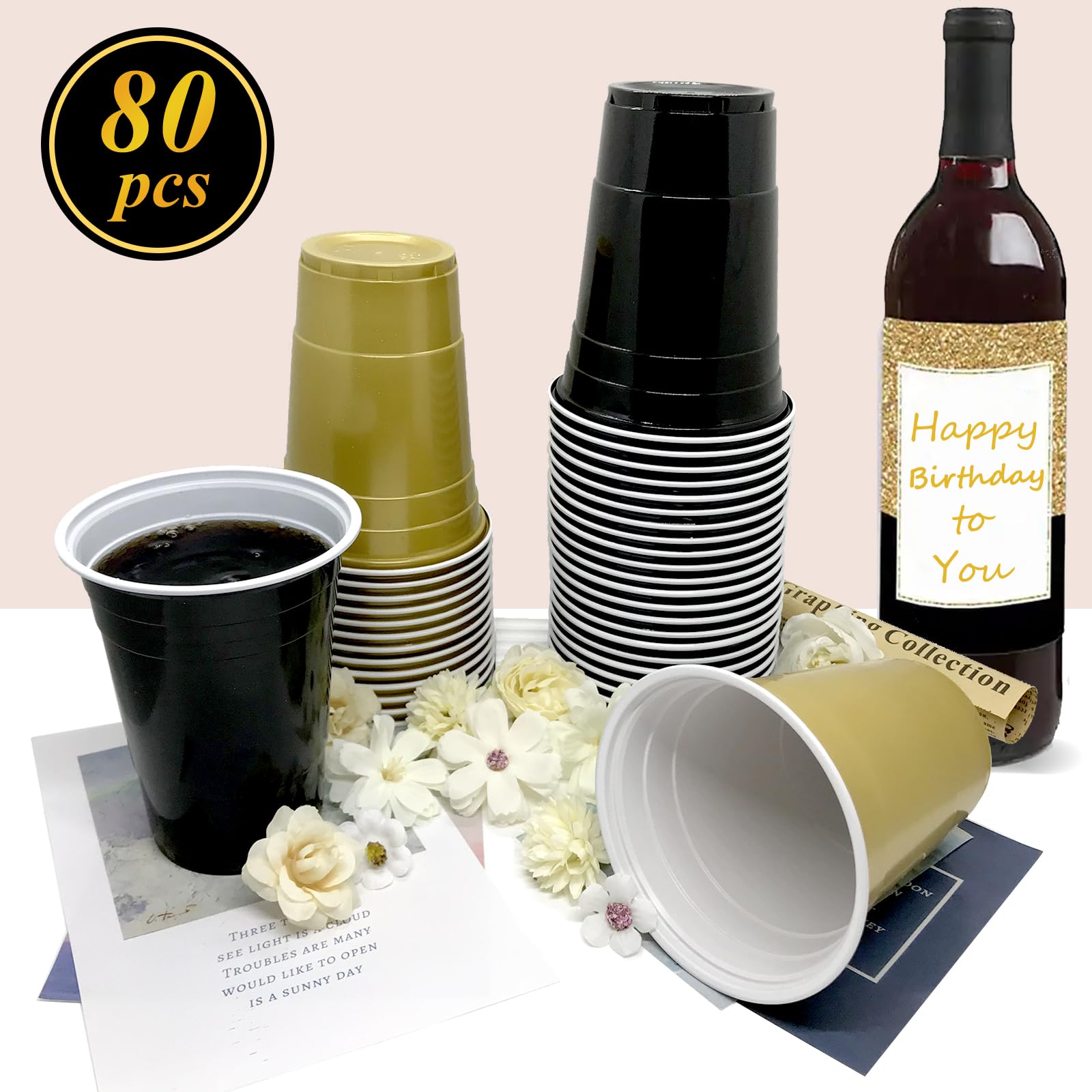 80 bicchieri di plastica nera e oro - 473,6 ml, riutilizzabili, bicchieri di plastica robusti colorati per bere, matrimoni, feste di compleanno, Natale