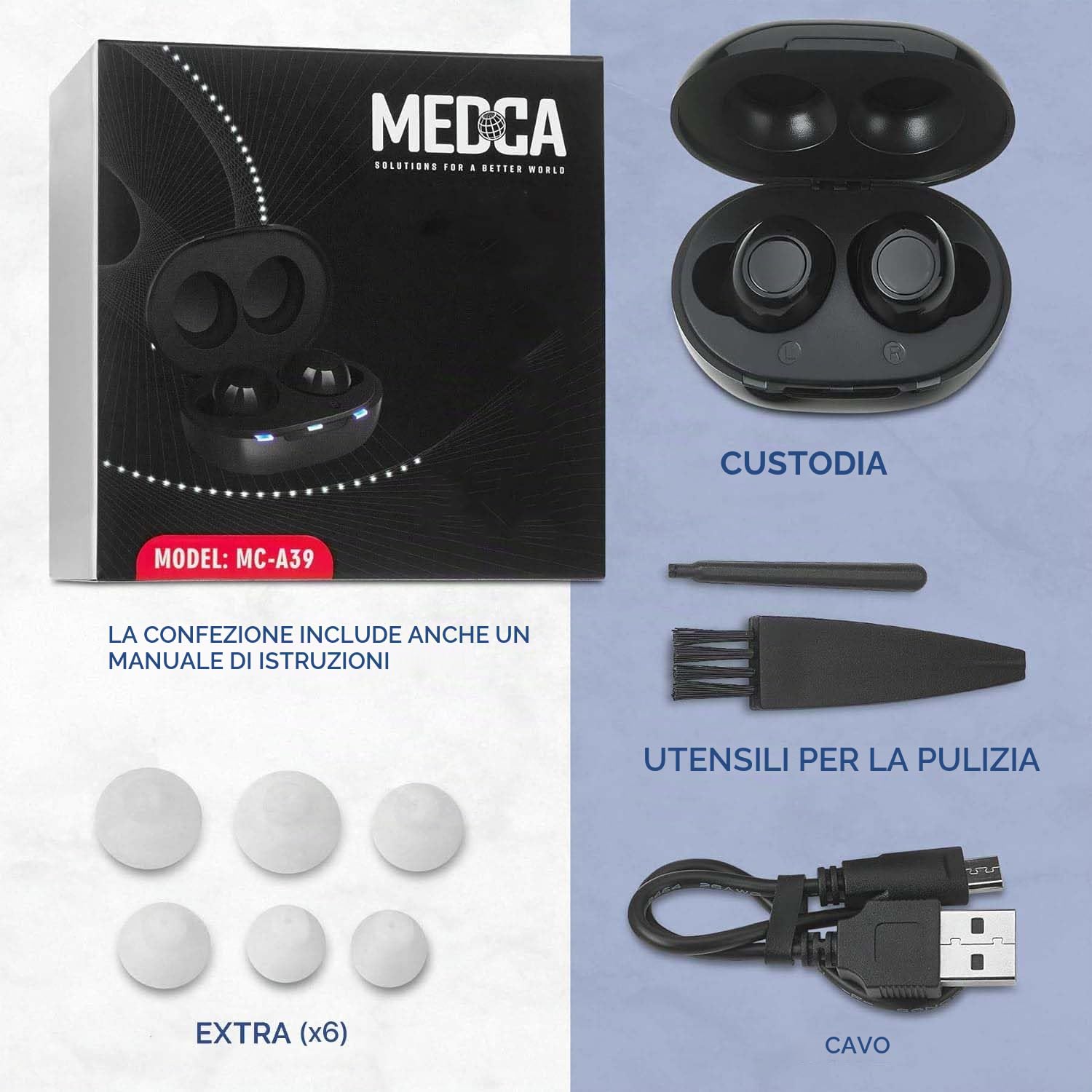 MEDca Premium Dispositivo audio personale nell'orecchio di nuova generazione con riduzione del rumore Set da 2 pezzi ITE ricaricabile, custodia di ricarica portatile Sound Assist per adulti e anziani