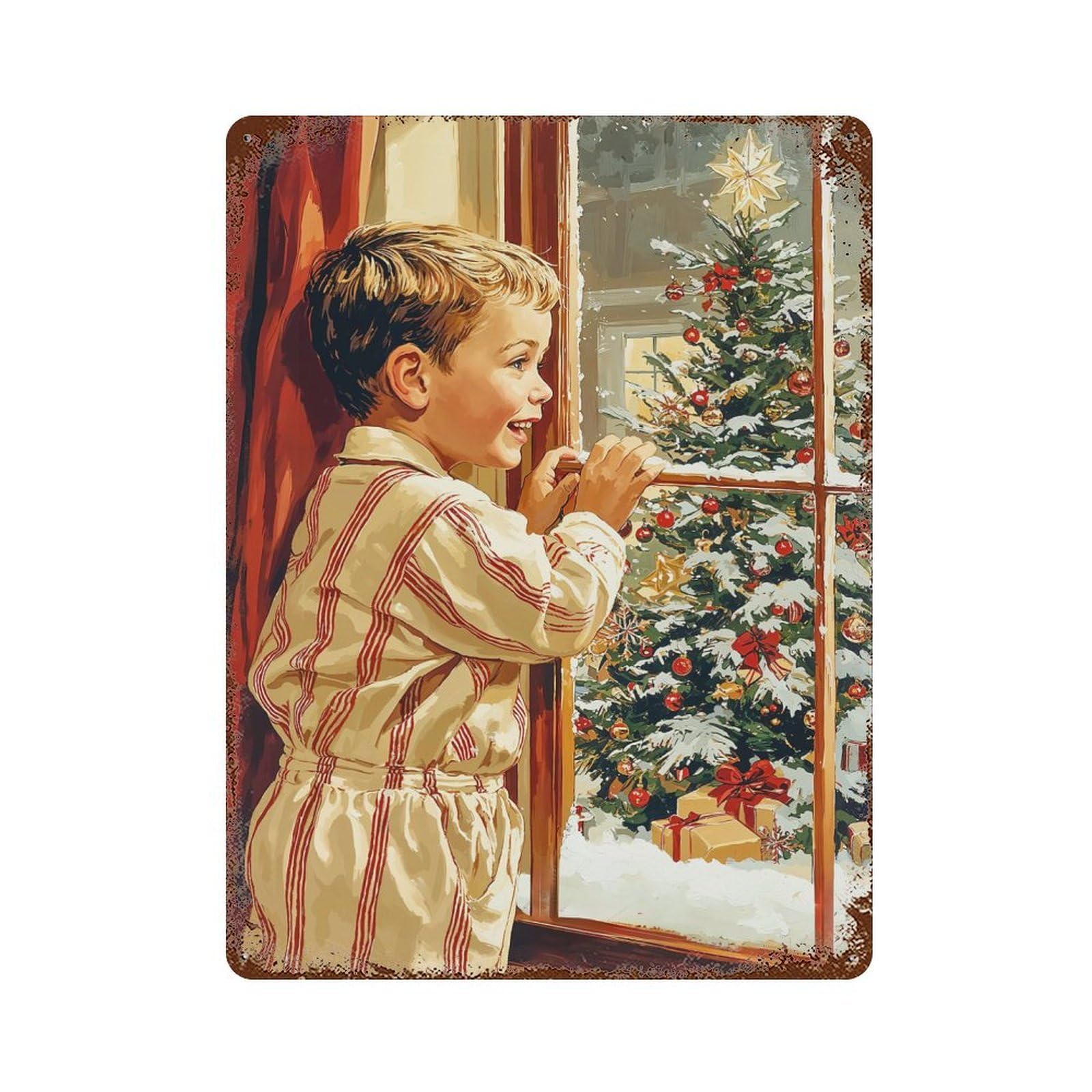 Rust Effect Boy Gazing at Christmas Tree Retro Metal Sign 15.7"x11.8", Farmhouse Wall Decor for Living Room, Hallway And Home Decor