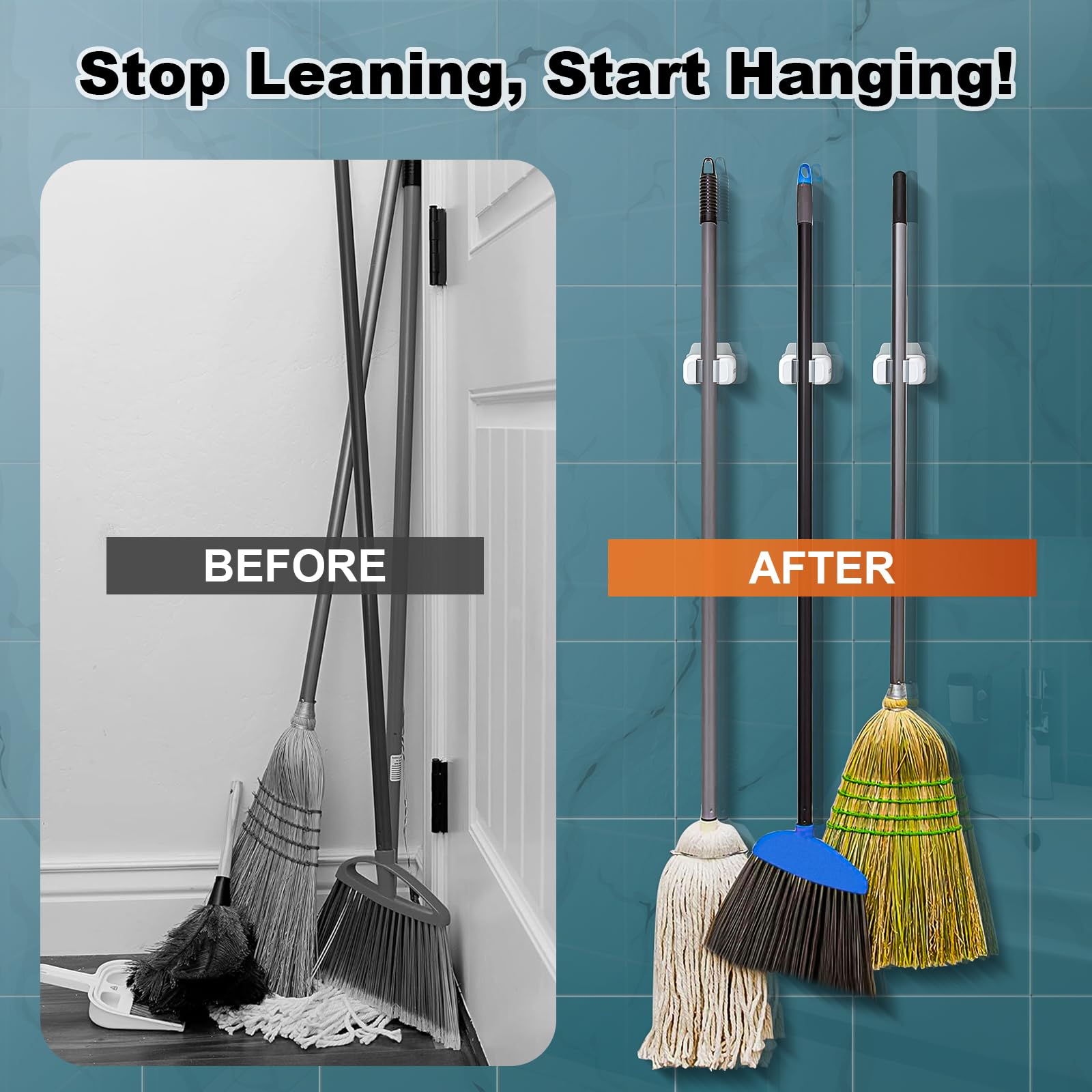 Mop & Broom Wall Mount - No Drill Storage -7