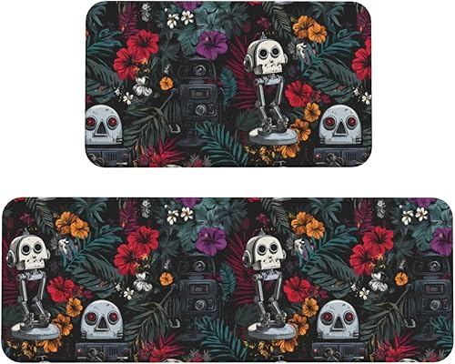 Tropical Robot Print Kitchen Mats for Floor 2 Piece - Anti Fatigue Mats for Kitchen Floor, Non Slip Washable Rugs Home Decor