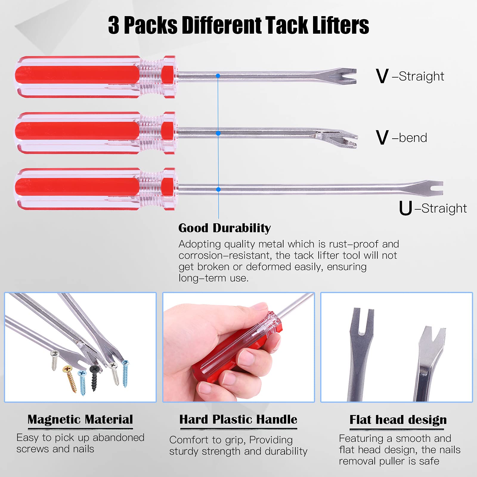 Glarks Juego de 4 extractores de uñas, incluye alicates de corte de extremo de 7 pulgadas, punta en U flexible de 4 pulgadas y extractor de tachuelas de punta en V, elevador de tachuelas de punta en U