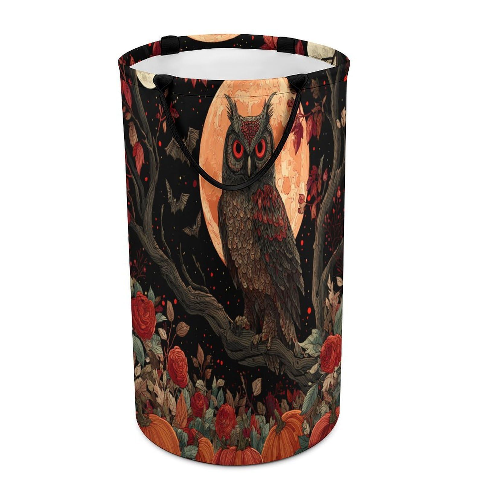 LUYYSKY Classic Retro Animals Owls Versatile Storage Laundry Basket, Gothic Watercolor Halloween Full Moon Red Roses Pattern Large Capacity Bathroom Hamper With Handle