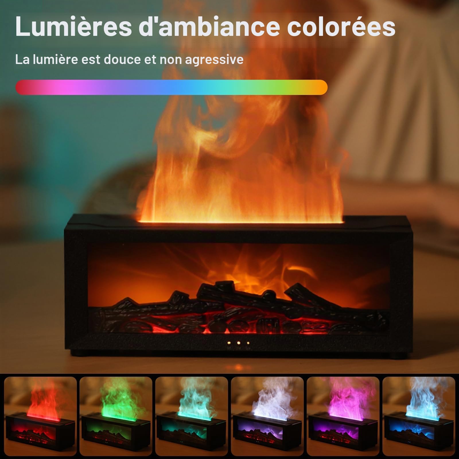 WingFly Diffuseur de cheminée avec 7 lumières de couleur, diffuseur d'huiles essentielles de 150 ml avec minuterie et arrêt automatique sans eau pour la maison ou le yoga (noir)