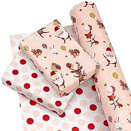 WRAPAHOLIC 30 Inch Jumbo Reversible Christmas Wrapping Paper - 30 Inch x 100 Feet Jumbo Roll Red and Pink Dancing Santa Claus Reindeer and Colorful Polka Dots Design for Christmas, Holiday, Party