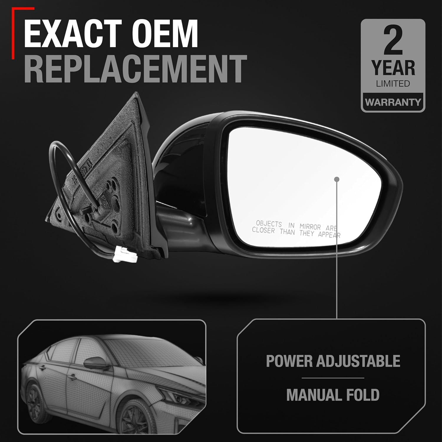 Passenger Side Mirror Replacement - Compatible with 2019-2024 Nissan Altima - Powered Adjustment, Manual Fold, Convex Glass - Smooth Black, 8H3P - OEM 963016CA0A, 963736CA9A, NI1321311