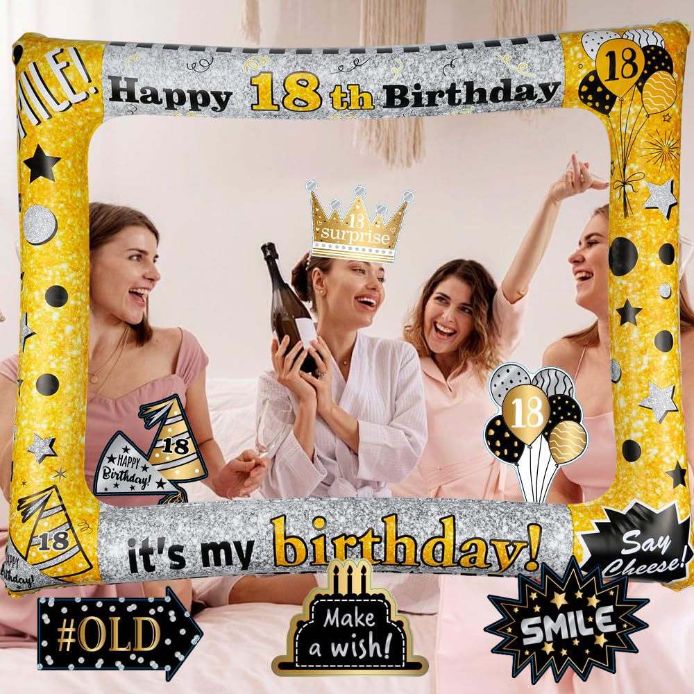 ABOOFAN Zwart Goud 18e Verjaardag Party Foto Booth Props Opblaasbare 18e Verjaardag Selfie Fotolijst Zoete Grappige 18 Verjaardag Fotolijst
