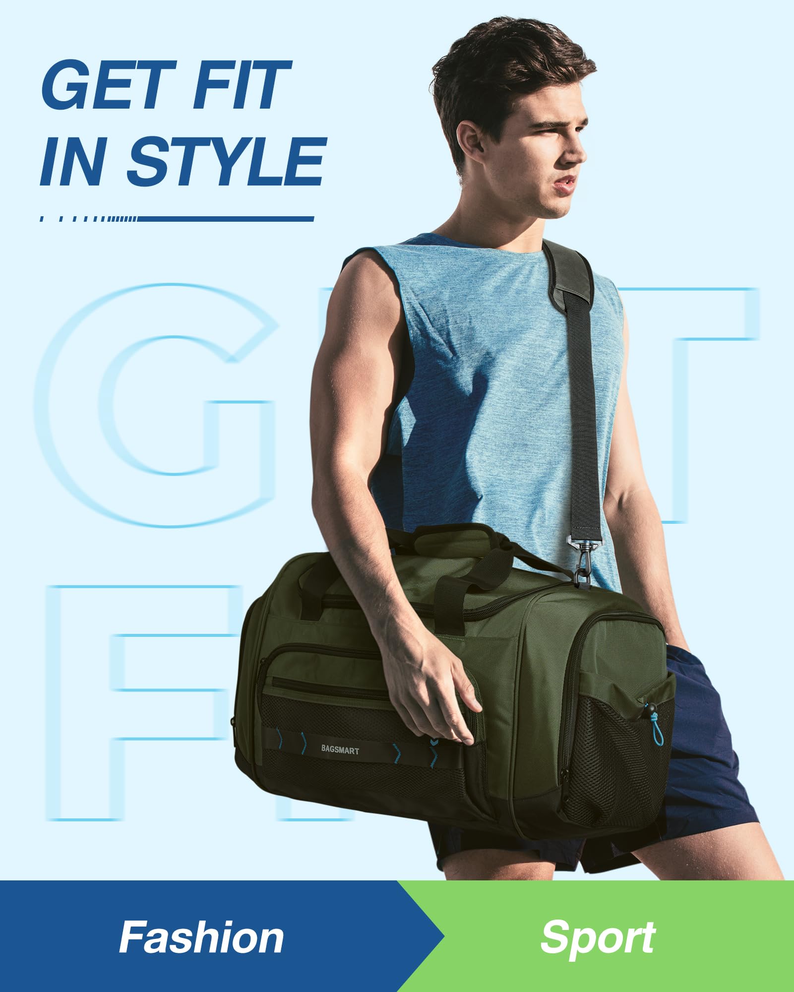 Gym Bag for Men & Women, BAGSMART Sports Travel Duffel Bag Carry-on Bag, Lightweight Weekend Overnight Bag with Shoe Compartment & Wet Pocket, Water-resistant Workout Duffle Bag for Travel Gym -Green