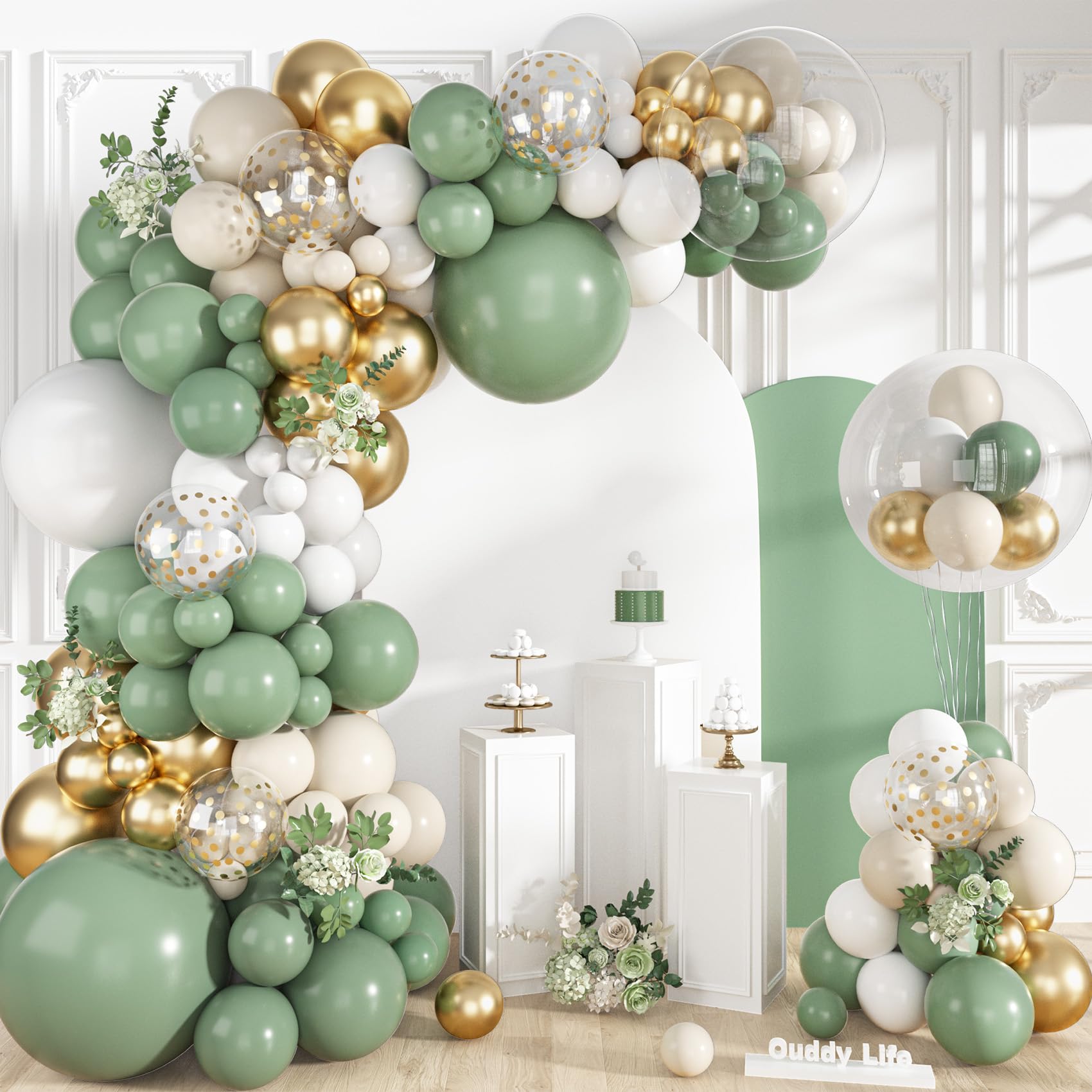 Ouddy Life Luftballons mit Bogengirlande, Salbeigrün, Weißgold, 152 Stück, Sand, Weiß, Metallic, Gold, klarer Ballon für Geburtstag, Hochzeit, Babyparty, Geschlechtsoffenbarung, Verlobung, St