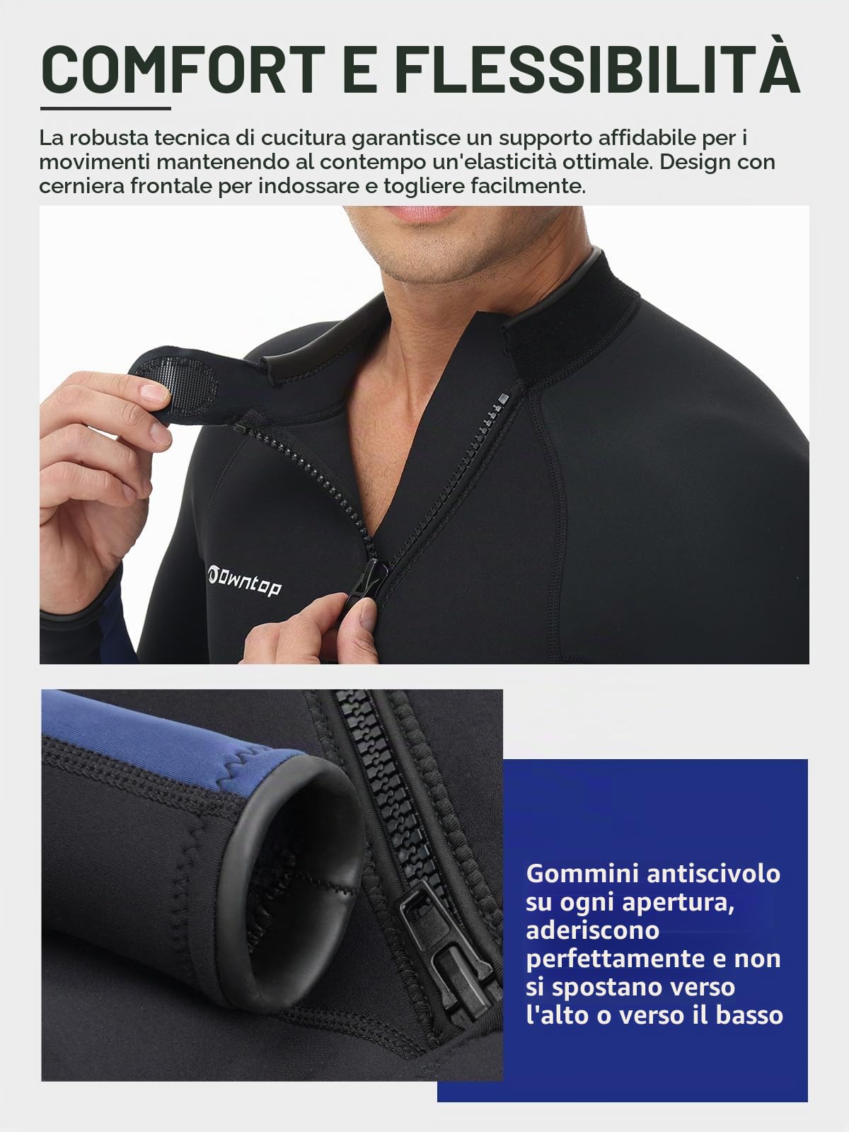 Owntop Muta da Uomo 3/2mm - Muta da Sub Completa con Zip Frontale, Stretch Pro Neoprene Wetsuit Termica Lunghezza Completa per Surf Snorkeling, Herren Blau 3XL