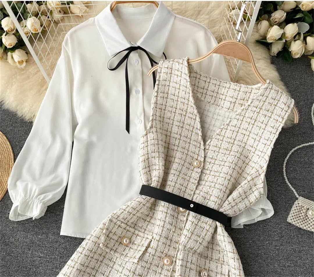 Women's Dress Puff Sleeve Shirt Strap Robe Lace Up Two-Piece Set