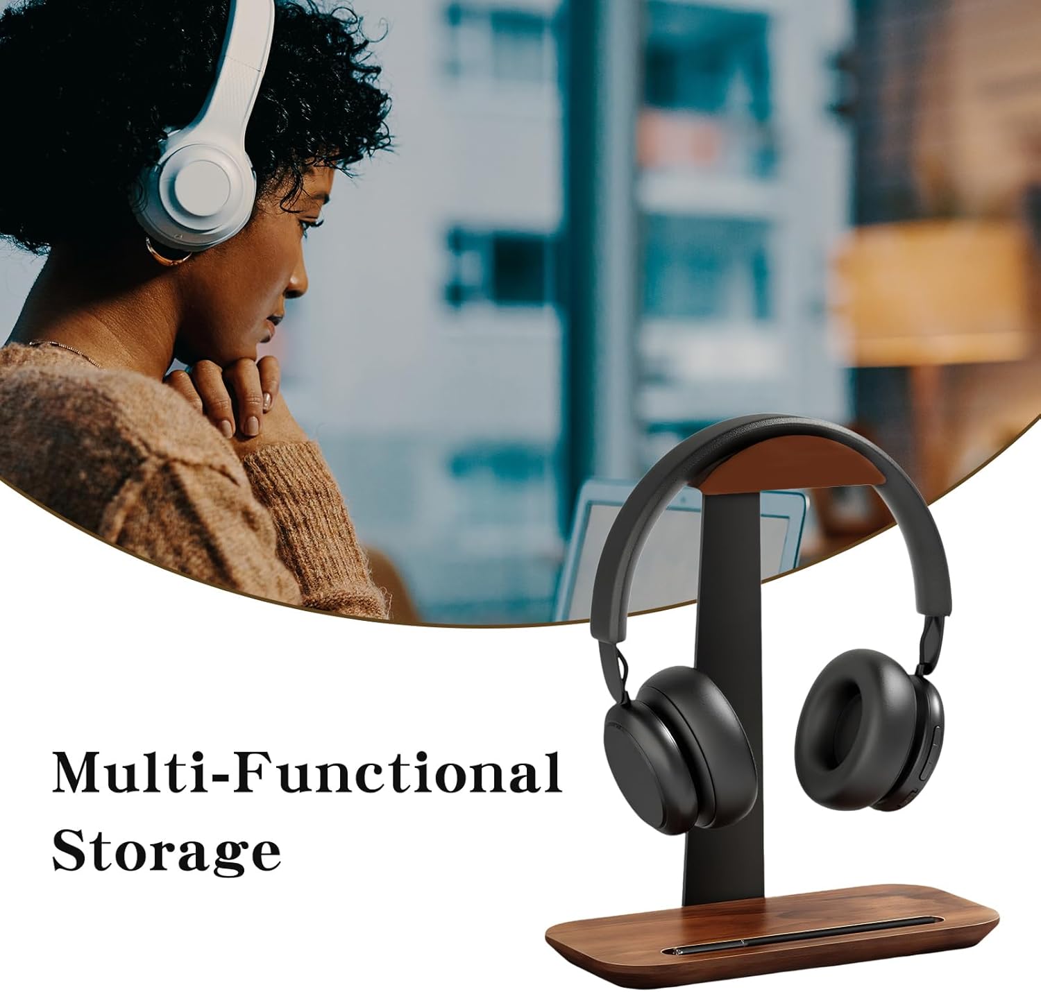 Walnut Wood Headphone Stand,Headphone Rack with Storage Base Plate,Headphones Holder for Study Rooms,Gaming Spaces,Desktop,Office - Image 5