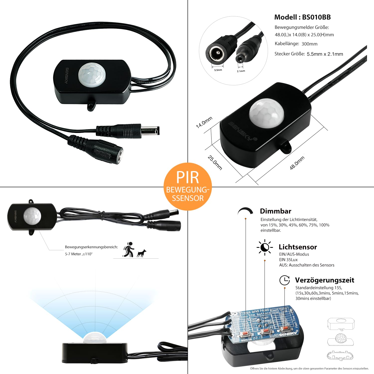 Sensky Striscia LED da 6 m, dimmerabile, con sensore di movimento PIR, per interni, 12 V, luce bianca fredda, 6000 K, illuminazione per corridoio, armadio, cucina