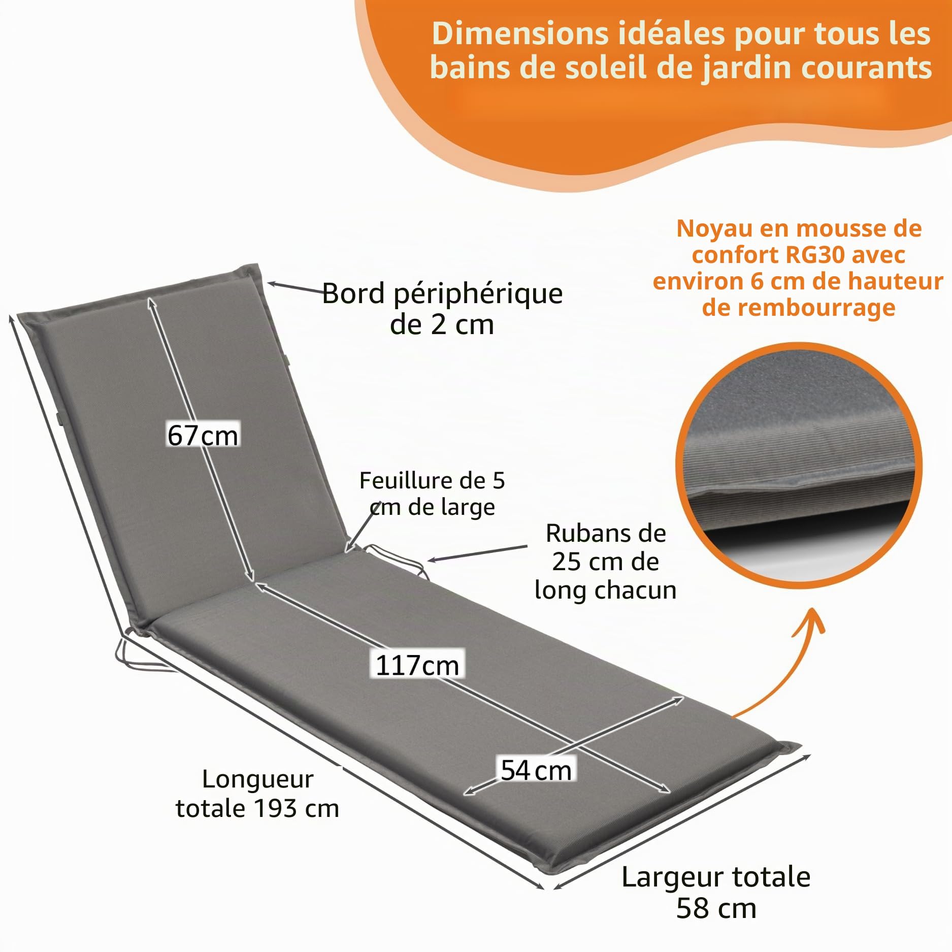 sleepling 193935 Lot de 2 Coussins d'extérieur pour chaises Longues | Chaise de Jardin | Bain de Soleil | Fabriqué en UE | Bande de réglage | Housse Amovible et Lavable, 190 x 58 x 6 cm, Gris