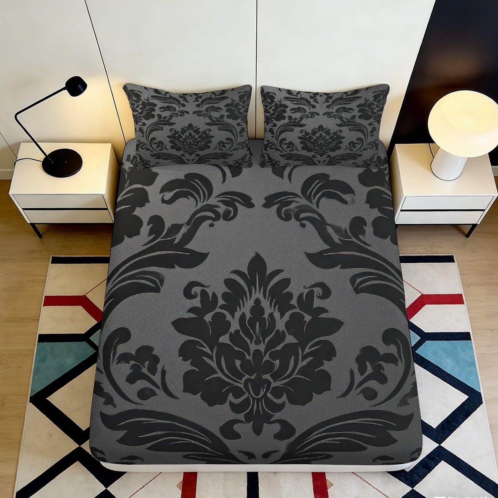 Jqzkxnhpbr Style-6 3D Printed Baroque Floral Fitted Sheet Microfiber Soft Grey Decor Damask Mattress Cover For Bedroom Guest Room 90X200x25cm