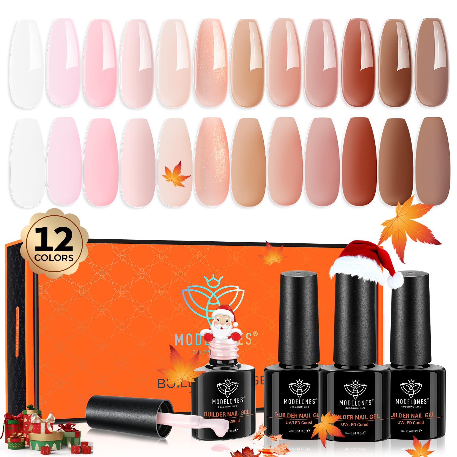 modelones 12 Pcs Gel Uñas, Builder Gel, Esmaltes Semipermanentes para Uñas, Base Rubber, Reparación, Gel Constructor UñAs, Gel para Extensión de Uñas para Principiantes y Profesionales Navidad