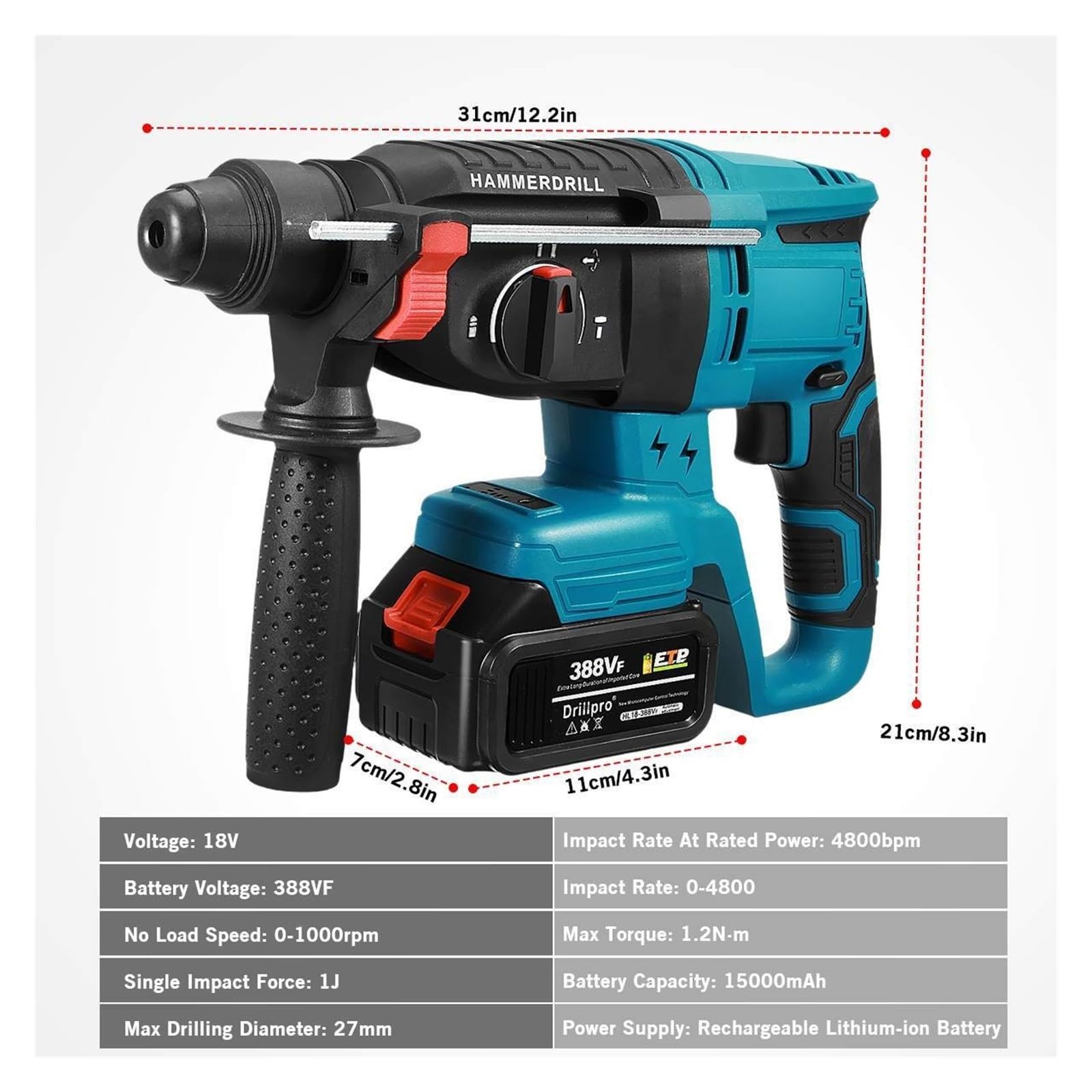 Wiertarka Udarowa 26MM Bezszczotkowy Elektryczny Młot Udarowy Wiertarka Wielofunkcyjna Obrotowa Elektryczna Do 18 V Elektronarzędzia Akumulatorowego(No battery)