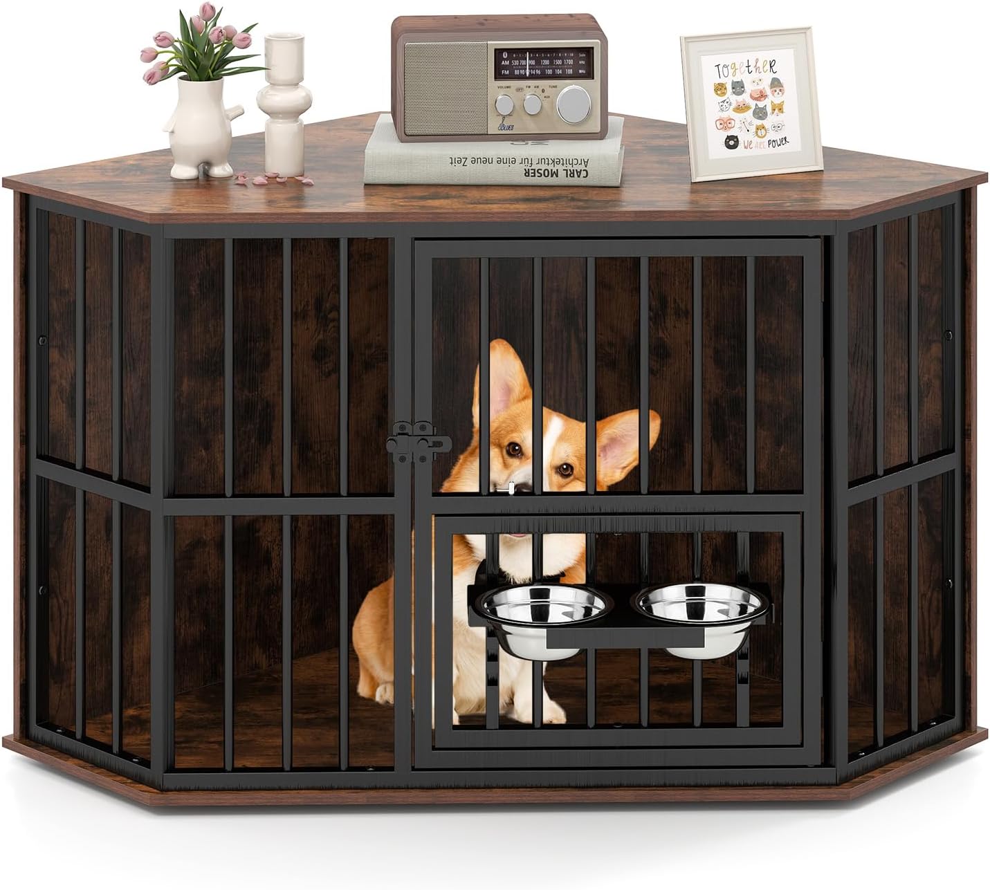 COSTWAY Corner Dog Crate Furniture, Indoor Wooden Dogs Kennel Side Table with Adjustable Feeder, 2 Stainless Steel Bowls & Lockable Door, Heavy-Duty Pet House for Small Medium Large Puppies