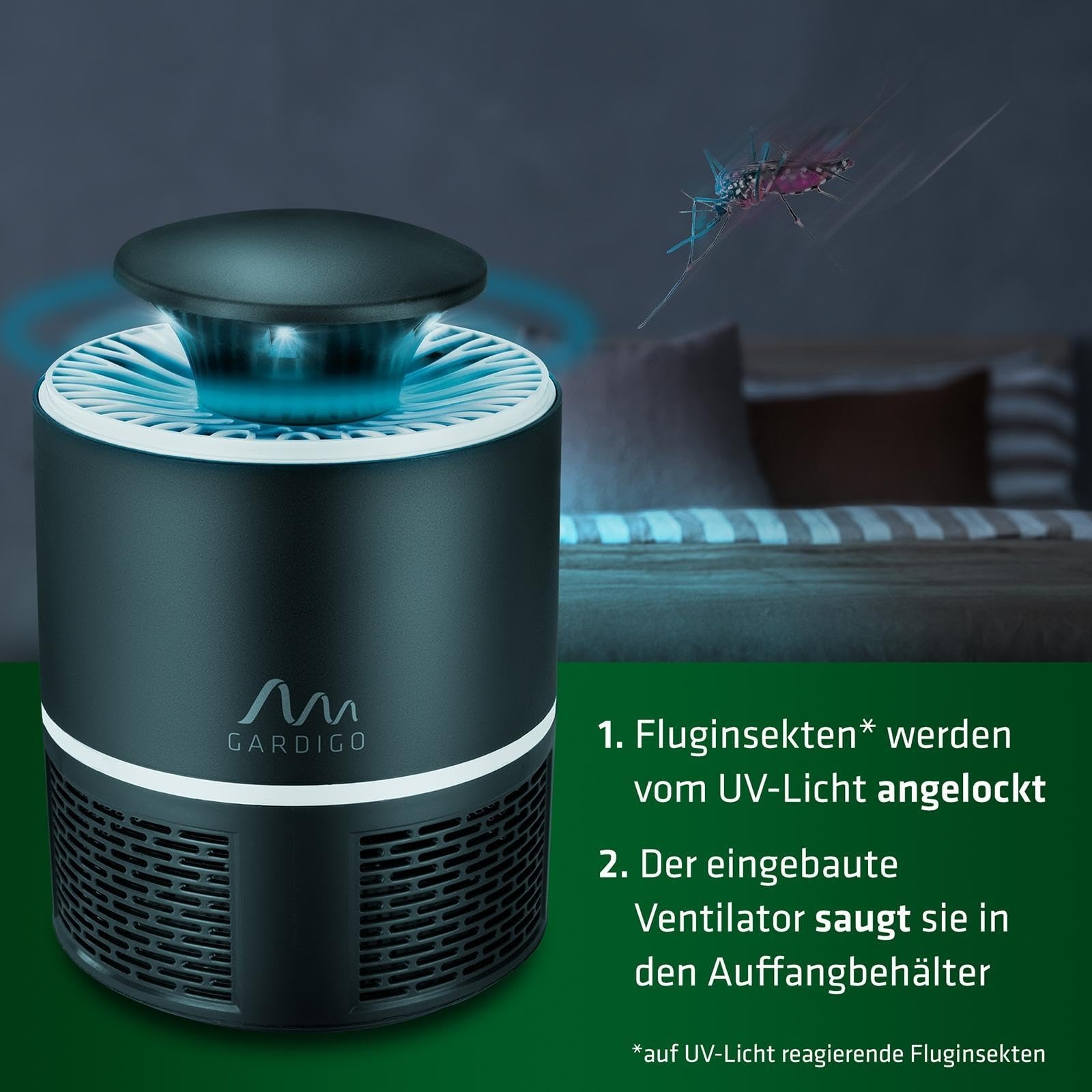 GARDIGO® Destructeur D'insectes USB | Piège à Insectes Avec Lumière UV Et Ventilateur | Jusqu'à 25 M² | Hygiénique Avec Bac De Récupération Amovible