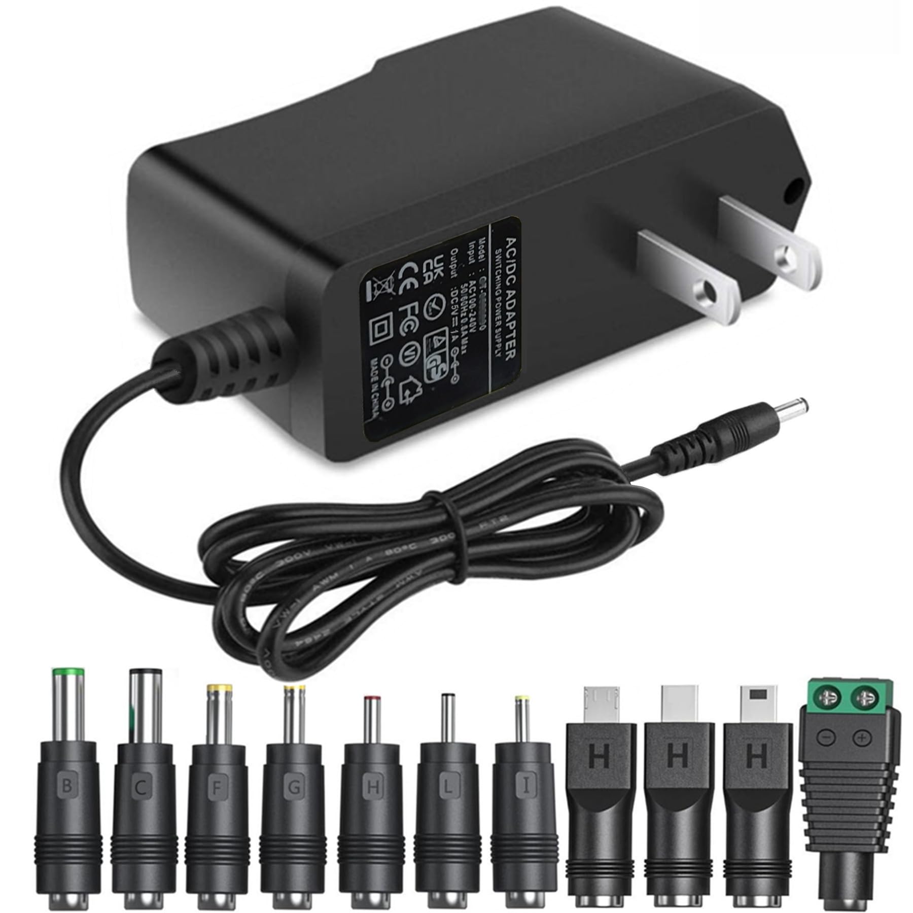 5V 1A AC Adapter DC5V Power Supply Cord with 11 Plug Tips AC to DC 5Volt 1A 500mA 400mA 200mA 100mA Power Adapter for Baby Monitor Graco Swing Camera Raspberry Pi USB Type-C 5V Wall Charger 6FT