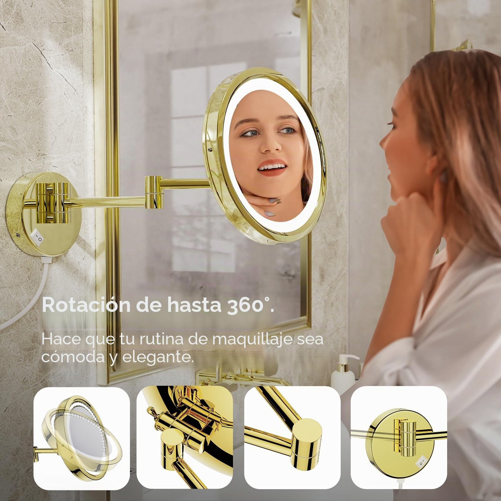 DOWRY Espejo Maquillaje con Luz x10 Espejos de Aumento de Pared Dorados Espejo Extensible Baño,Ø21.5cm